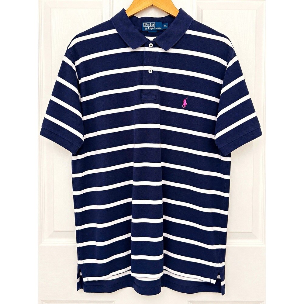 Polo Ralph Lauren Men’s XL Navy White Stripe Polo Shirt Pink Pony Preppy Golf